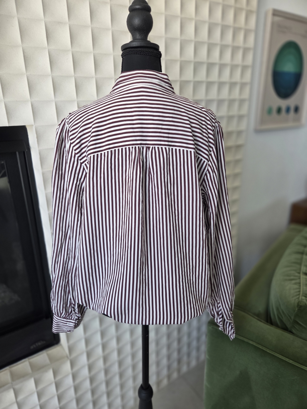 Maeve Anthropologie Tie-Neck Blouse Maroon Brown & White Vertical Stripes Large - Picture 8 of 11